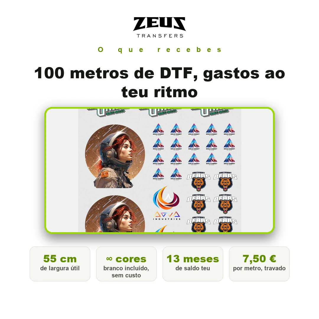 Pack 100 metros DTF ZEUS — o que recebes